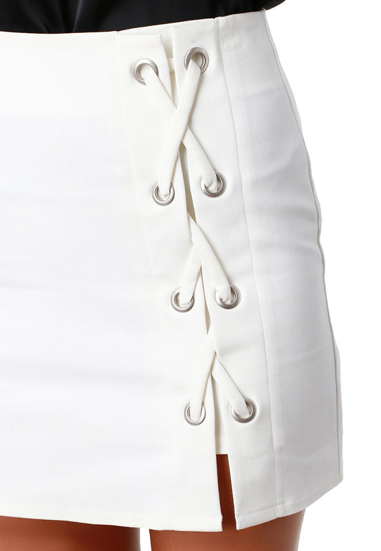 Eye-let White Mini Skirt closeup