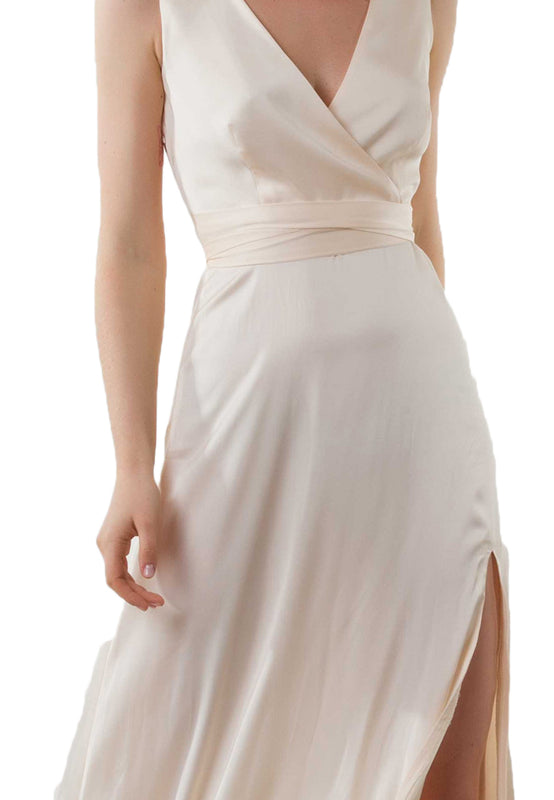 Zoey Satin Slit Maxi Dress closeup