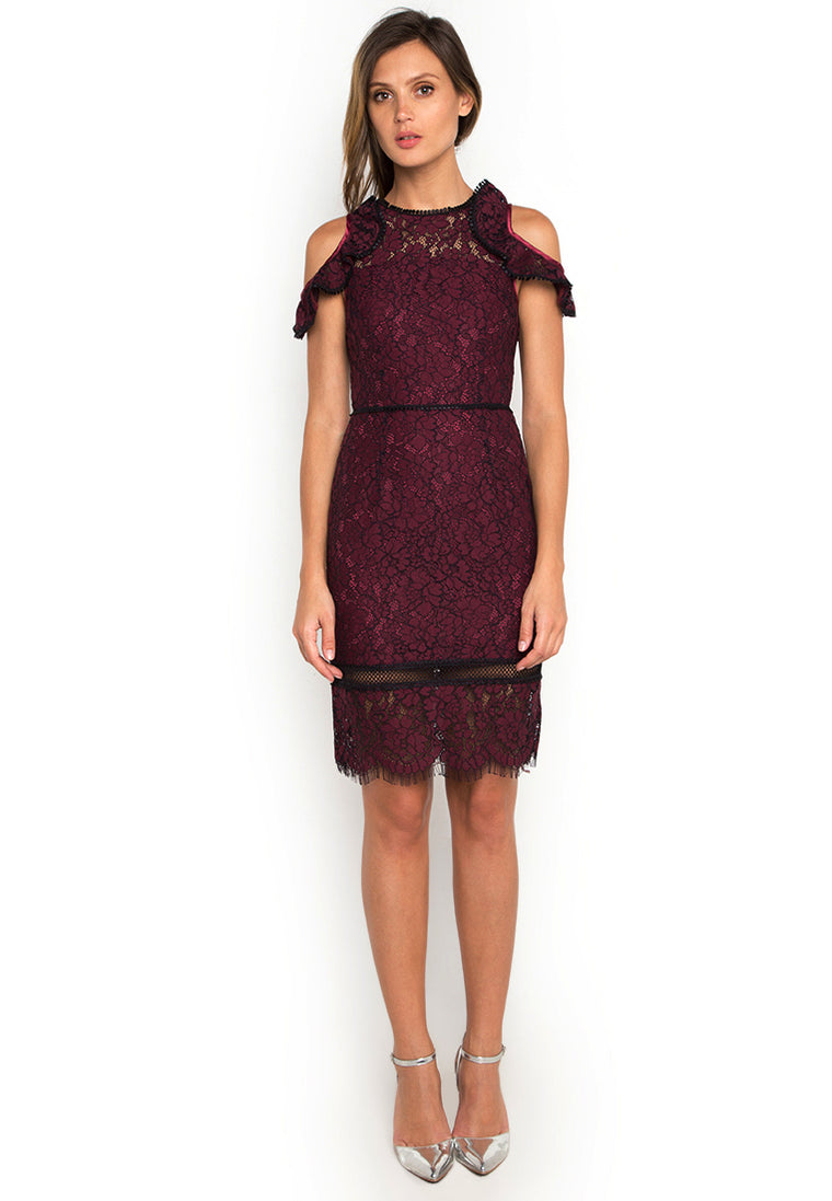 Deep Ruby Lace Ruffled Dress