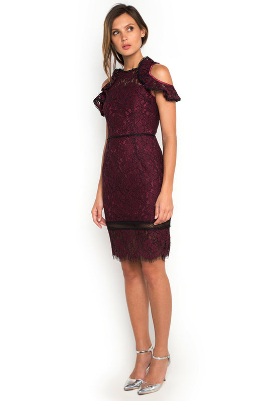 Deep Ruby Lace Ruffled Dress