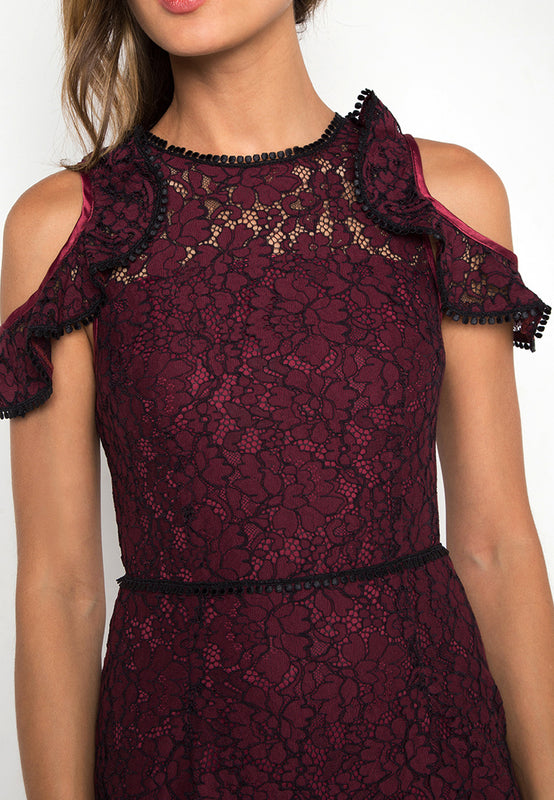 Ruffled Wine Lace Dress closeup