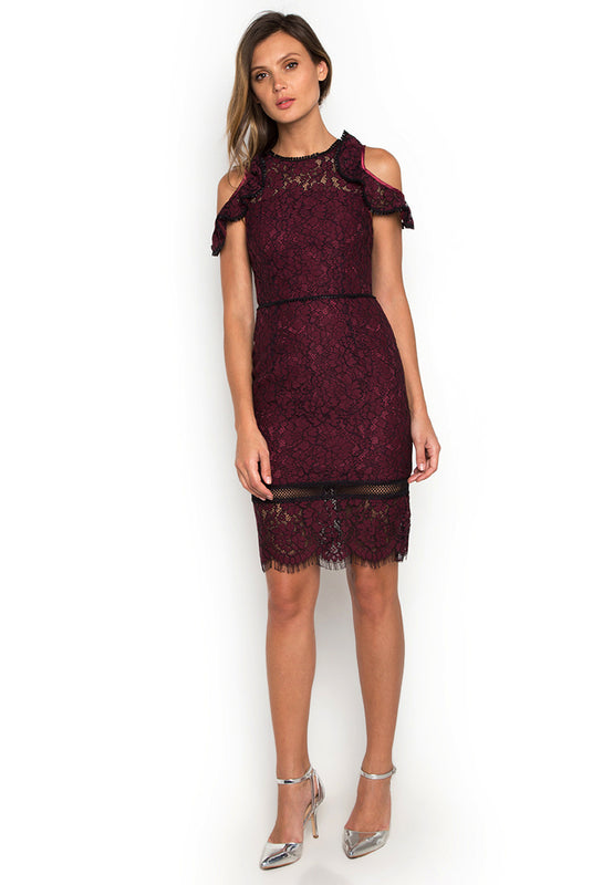 Ruffled Wine Lace Dress frontside