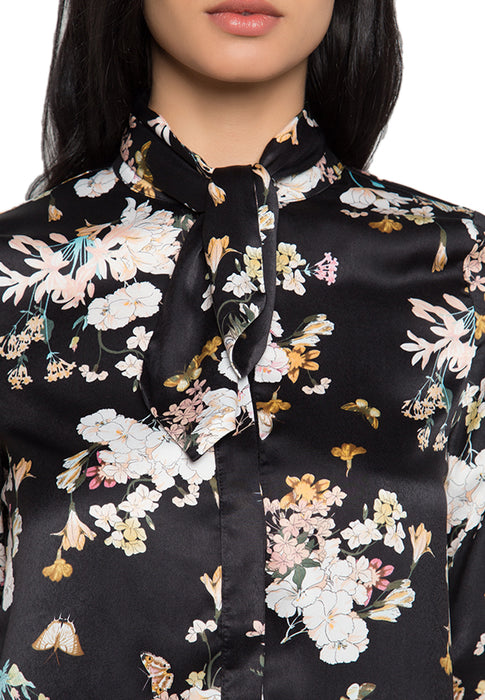 Mineko Black Floral Silk Top