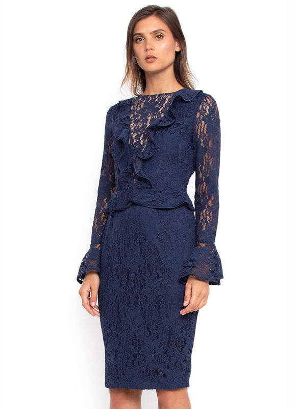Navy Ruffle Lace Dress