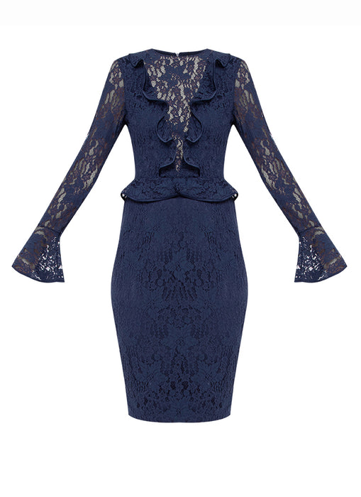 Navy Ruffle Lace Dress