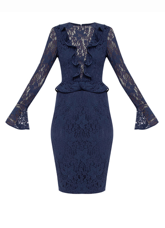 Navy Ruffle Lace Dress
