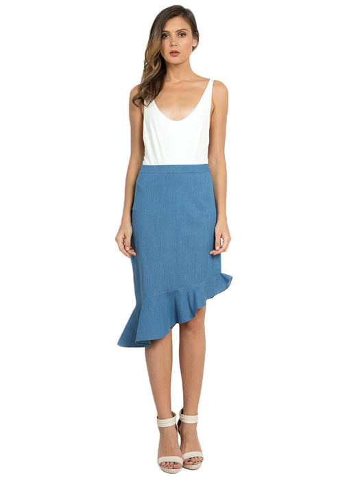 Denim Flounce Asymmetric Skirt