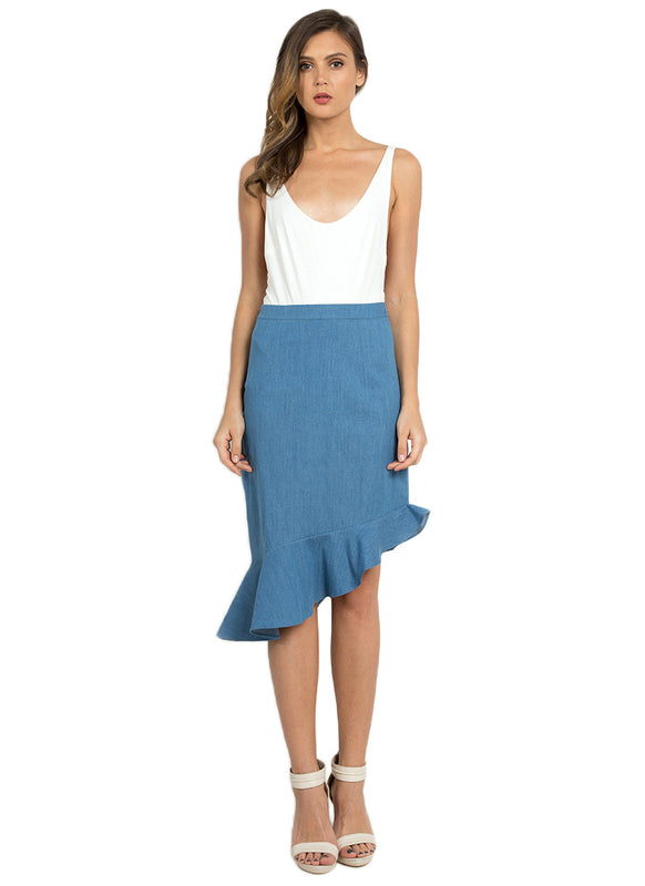 Denim Flounce Asymmetric Skirt