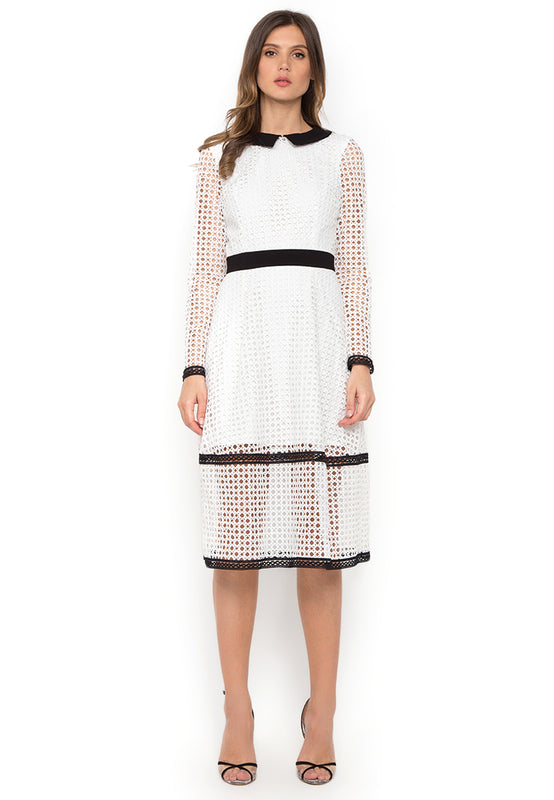 White Contrast Crochet Midi Dress