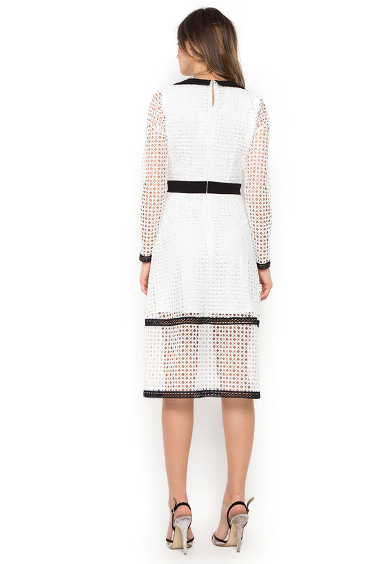 White Contrast Crochet Midi Dress