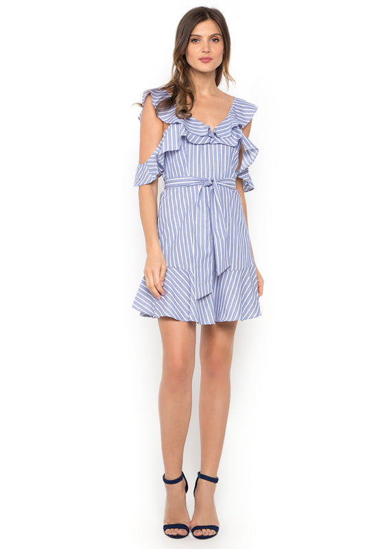 Light Blue Striped Ruffled Short Dress