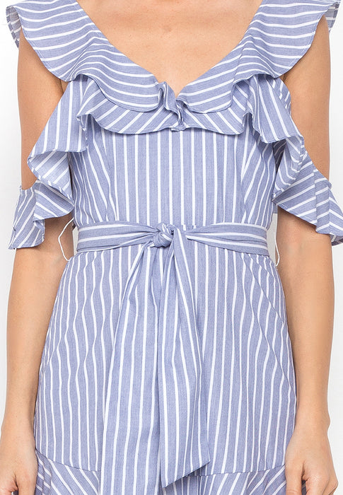 Light Blue Striped Ruffled Short Dress