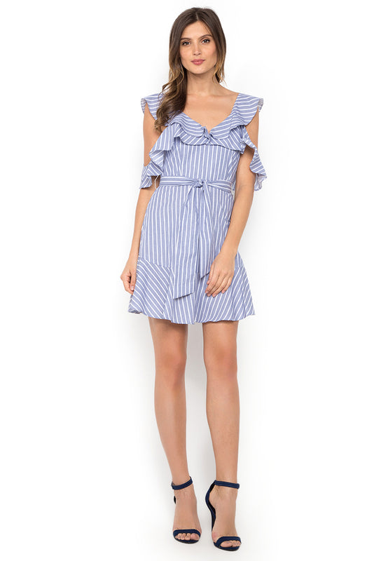 Light Blue Striped Ruffled Short Dress