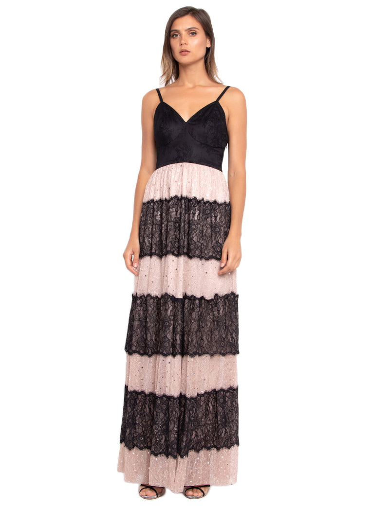 Contrast Laced Mesh Slip Long Dress