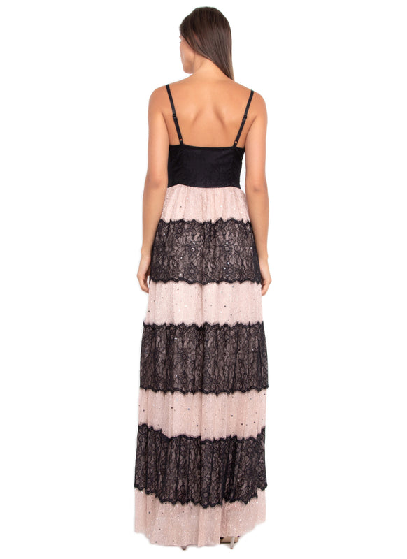 Contrast Laced Mesh Slip Long Dress