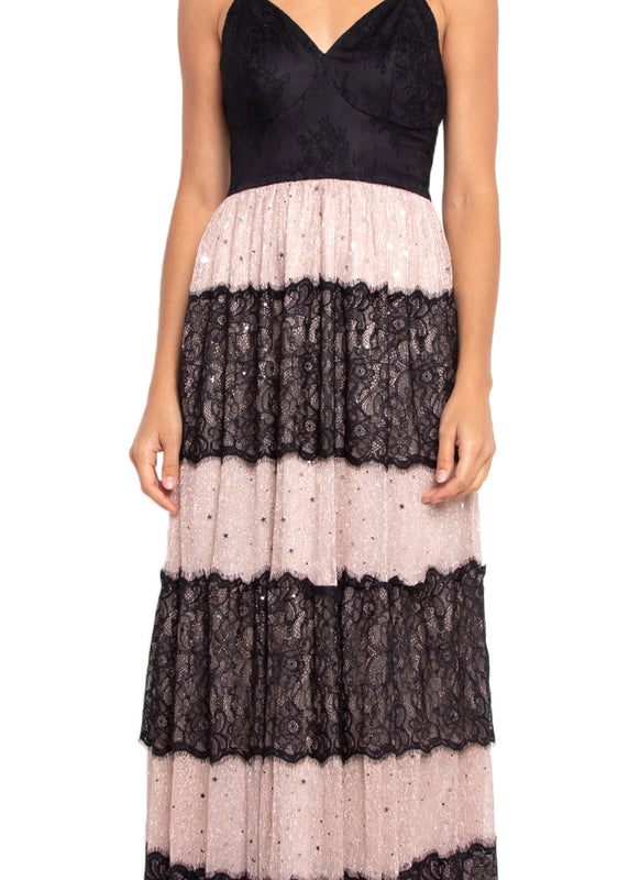 Contrast Laced Mesh Slip Long Dress