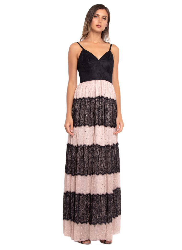 Contrast Laced Mesh Slip Long Dress