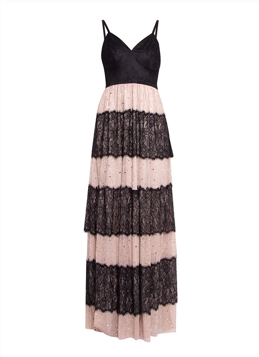 Contrast Laced Mesh Slip Long Dress