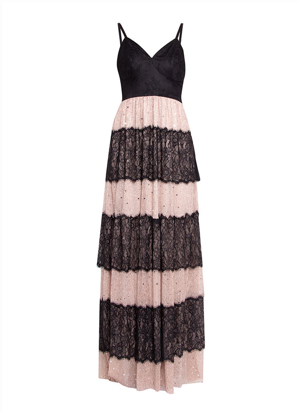 Contrast Laced Mesh Slip Long Dress